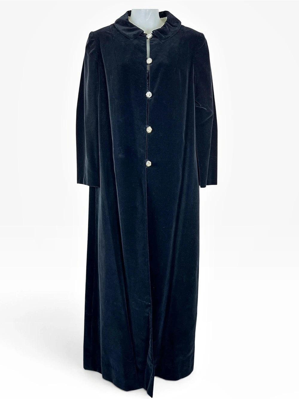 Vintage Womens Black Velvet Opera Coat Small Rhinestone Buttons Full Length